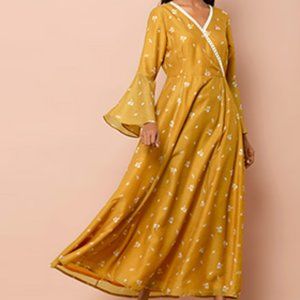 Mustard Floral Bell Sleeve Anarkali Tunic
